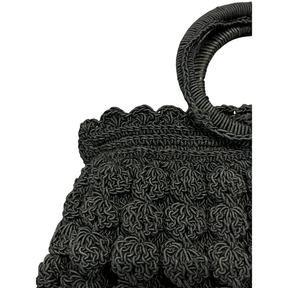 Vintage Black Crocheted Popcorn Stitch Handbag Small Purse Mid Century Used - Picture 16 of 16